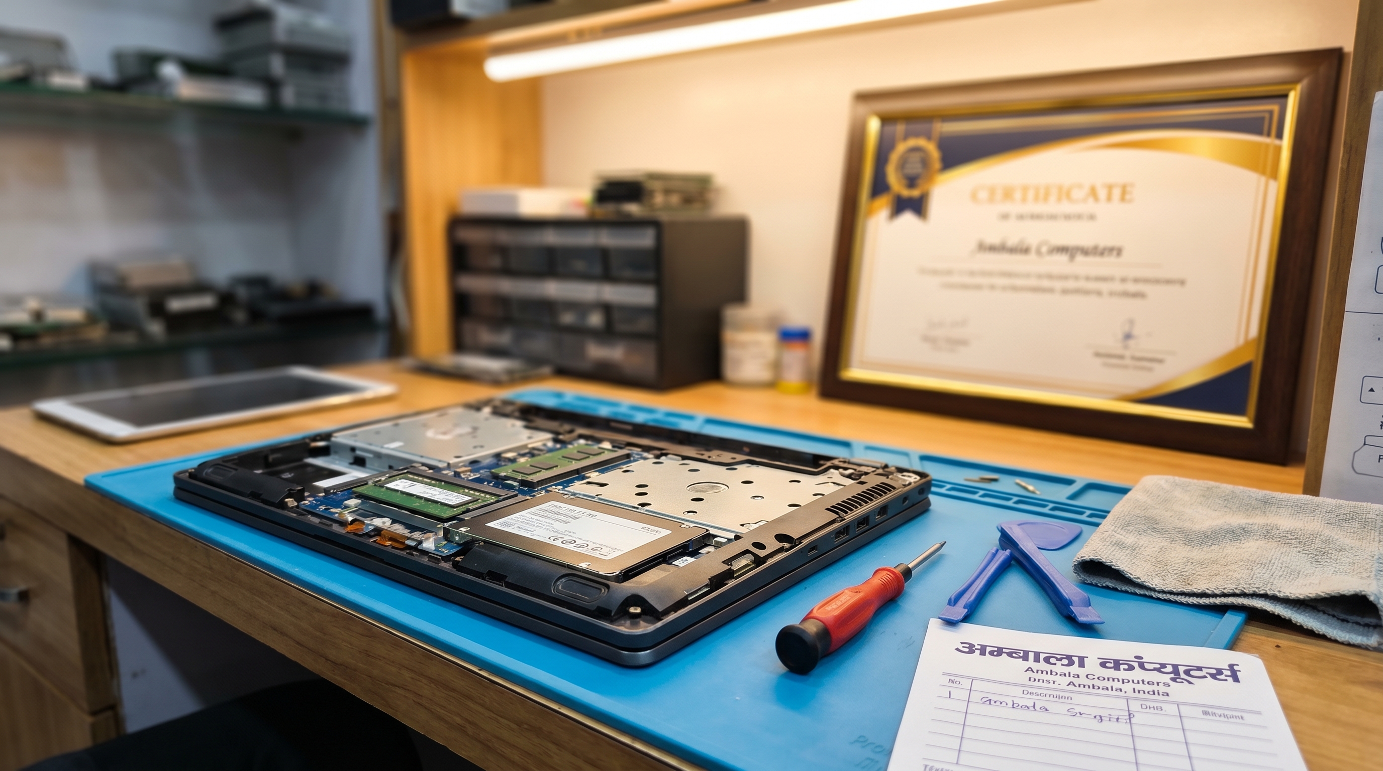 Laptop hardware diagnosis on service table
